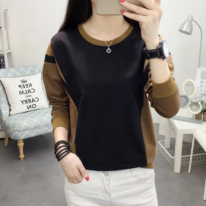 

Tee Shirt Femme 2018 Autumn Casual T Shirt Woman Korean Patchwork Womens Plus Size Fashions O-Neck Long Sleeve Tshirt Ladies Top