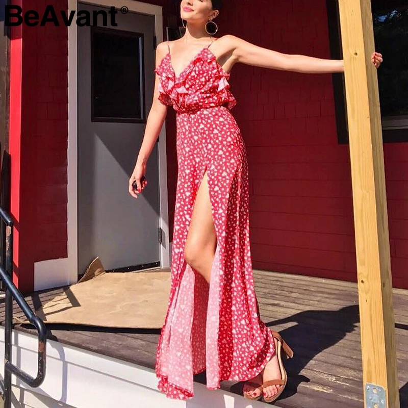 BeAvant Backless v neck ruffles sexy dress women High waist split long dress summer Beach maxi dress boho print dress vestidos BeAvant Backless v neck ruffles sexy dress women High waist split long dress summer Beach maxi dress boho print dress vestidos