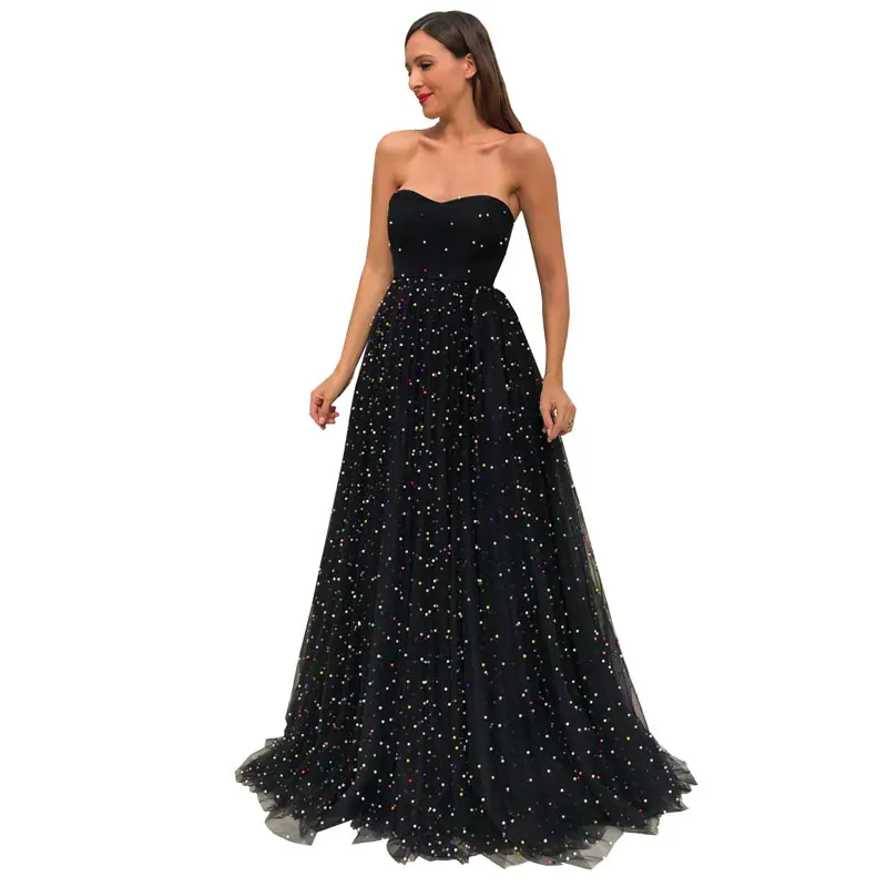 

Off the Shoulder Long evening gown elegant Net yarn longue Formal party Dresses Nail bead evening dress robe de soiree