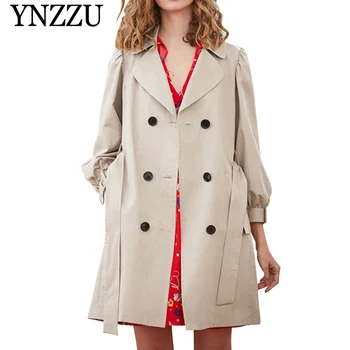 

YNZZU 2019 Autumn Lantern sleeve khaki women's jacket Double breasted with belt elegant loose windbreaker Female Coat YO840