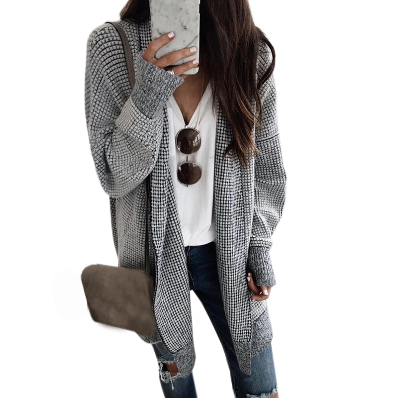 

Open Stitch Femme Plus Size Winter Outerwear Knitted Women Plaid Jackets Coats Warm Autumn Knitting Cardigan Long Blends M0101