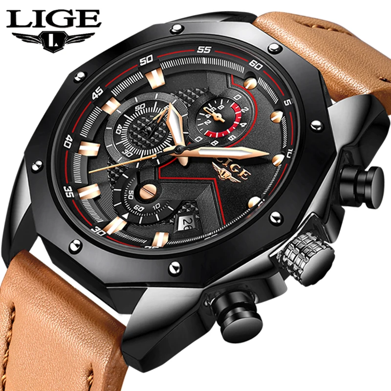 

LIGE Mens Watches Top Brand Luxury Quartz Gold Watch Men Casual Leather Military Waterproof Sport Wristwatch Relogio Masculino