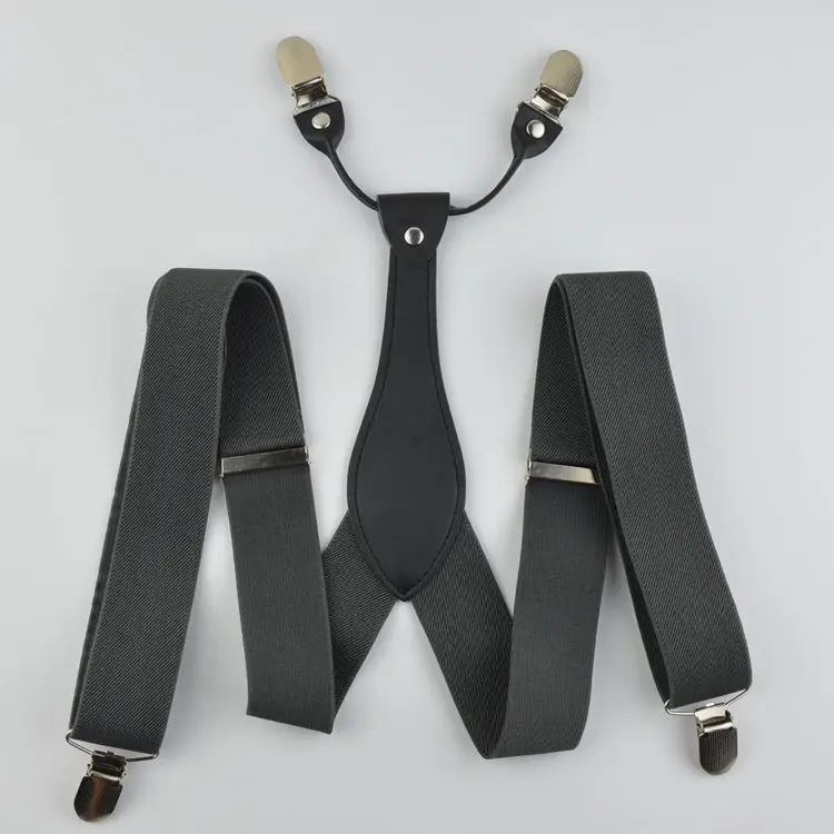 20 цветов мужские кожаные подтяжки с 4 зажимами регулируемые однотонные черные/серые/синие брюки эластичный ремень дедушка подарки 3,5 см - Цвет: Grey