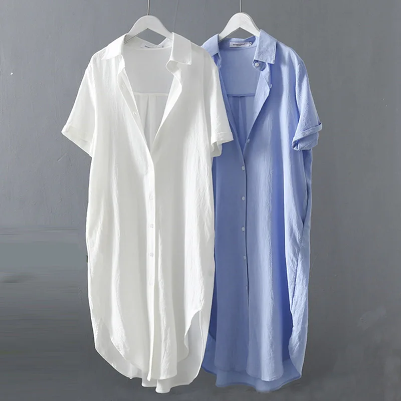 

Women Blouse Shirt Cotton Short Sleeve 2019 Summer New Linen Cottons Casual Plus size Womans Long Section Shirts White/Blue