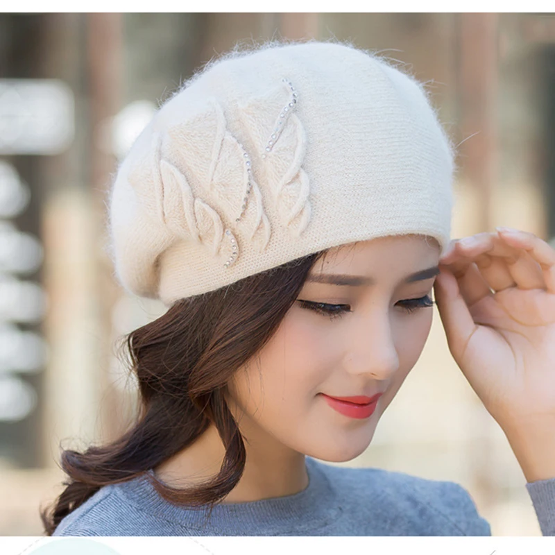 Angora Beanie Women Winter Hat Warm Knit Cap Beret Headwear Double Layer Casual Soft Classic Thermal Snow Outdoor Accessory (5)