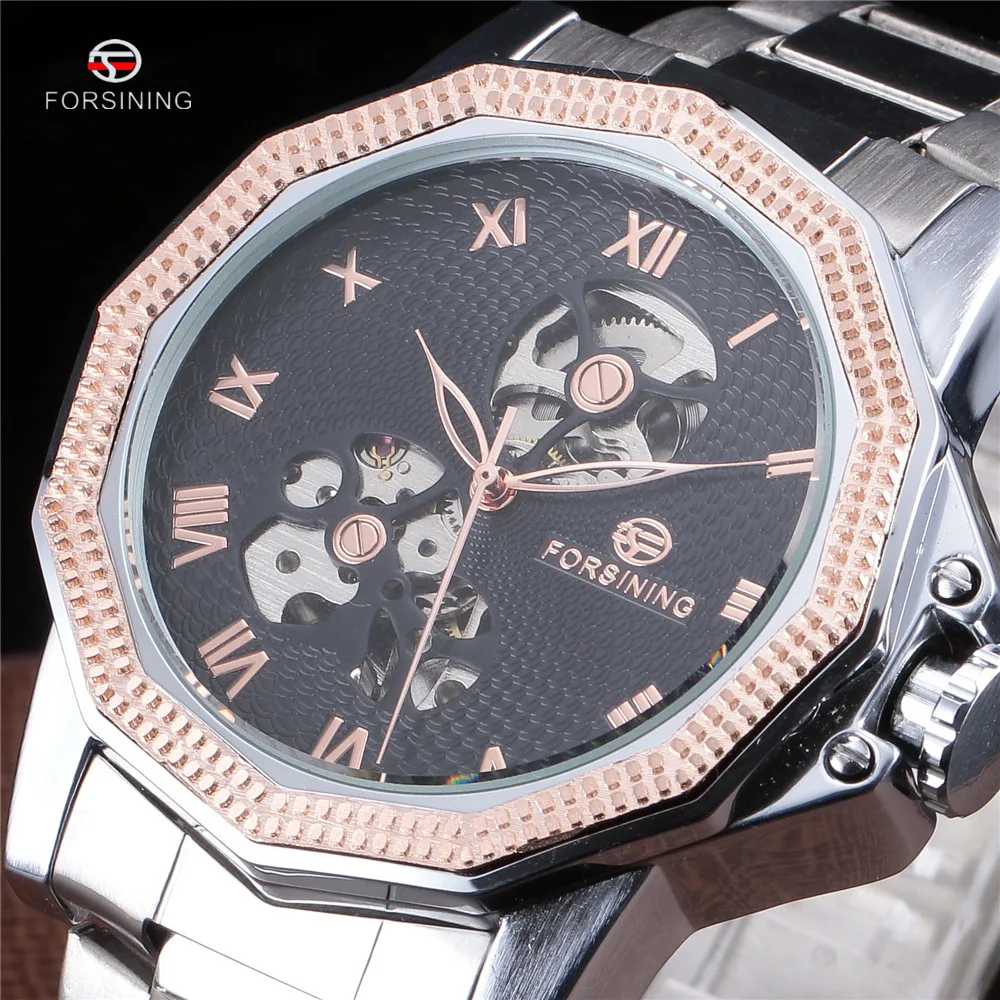 

Forsining Windmill Skeleton Ripple Design Irregular Shape Men Stainless Steel Army Clock Automatic Mechanical Watches Erkek Saat