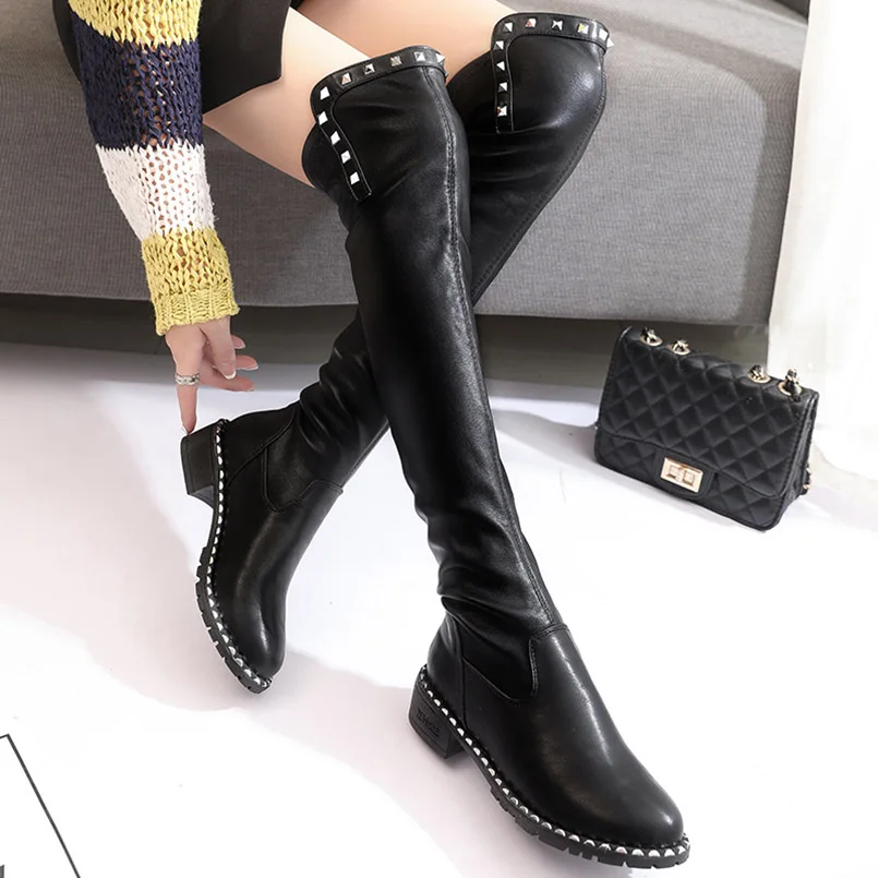 

FIDANEI Fashion Women Casual Square Heel Over The Knee Boots Shoes Women Female Winter Warm High Heels Pumps Dress Boots