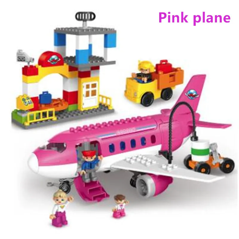 Airplane series model toys Compatible with duploINGlys Busy City Airport series Large Airplane building blocks toy - Color: Pink plane