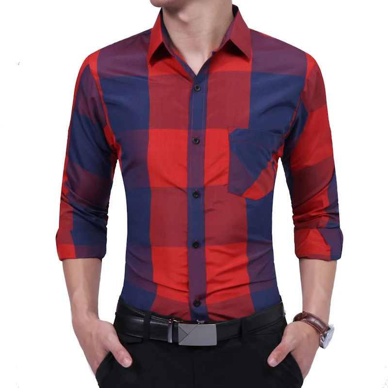 

Brand 2018 Fashion Male Shirt Long-Sleeves Tops Large Grid Oversize British Business Mens Dress Shirts Slim Men Shirt 3XL