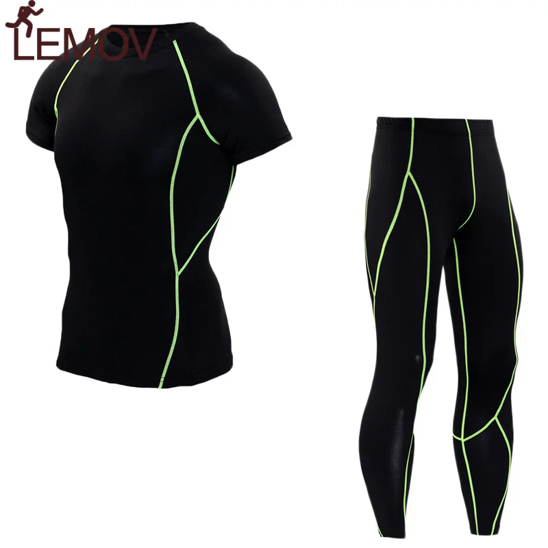 

LEMOV Solid Color Slim Men Jogging Suit Cotton Polyester Elastic Fabric 2 Piece Fitness Set Wicking Anti-shrink Men Running Sets