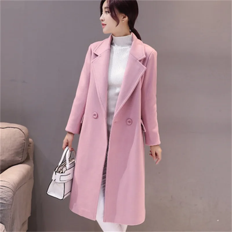 2017 New Spring Woolen Coat Trench Women Slim Double Breasted Black Winter Coats Long Outerwear for Women tb494