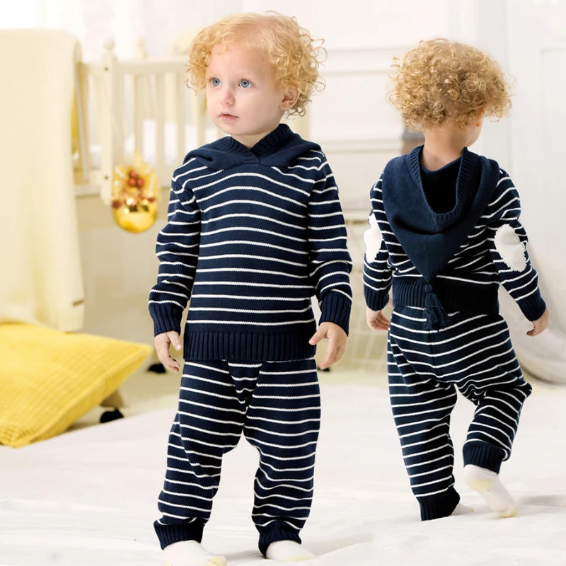 

IYEAL Kids Little Girl's Cotton Long Sleeve Striped Hooded Pullover Knitted Sweaters and Pants Children Boys Outfit Set for 1-5Y