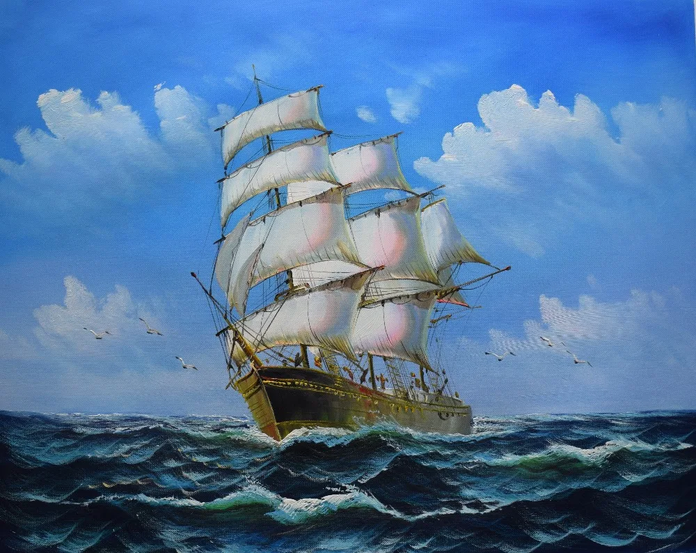 Wall Art Hand Painted Painting Sailing Ship Over Wavng