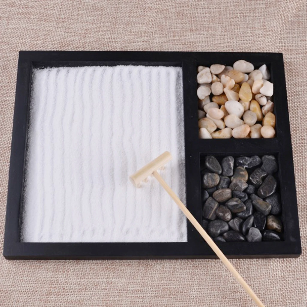  Table Desk Zen Garden Sand Tray Natural Stones Wood Rake Meditation Craft Home Decorative Plate Kid