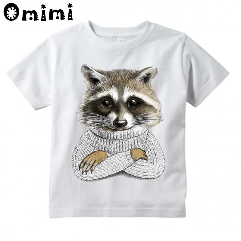 Детский зимний свитер с енотом дизайнерская футболка повседневные топы для мальчиков и девочек, детская летняя белая Милая футболка