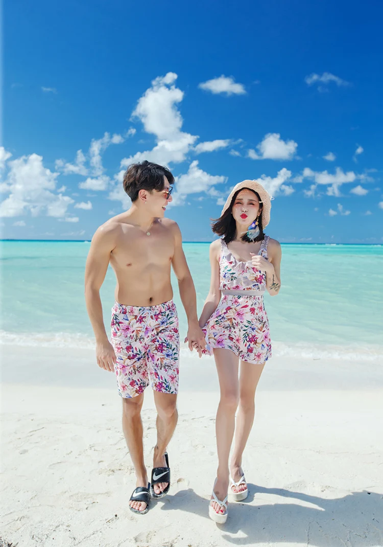 Купальники для пар для женщин пикантные цельнокроеное платье с шорты для человека Пляж шорты купальные костюмы любовника пляжная одежда Новые