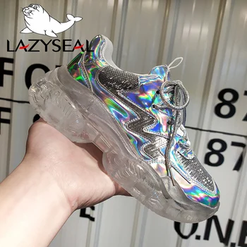 

LazySeal 2019 Shoes Women Boots Lace-up Spring Crystal Sole Shoes Female Platform Shoes Appliques Mesh Air Student Sneaker