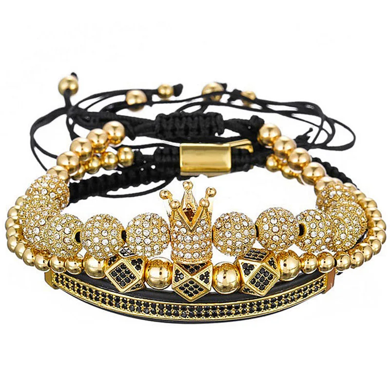 

3pcs/Set Hip Hop Gold Crown Bracelets 8MM Cubic Micro Pave CZ Ball Charm Braided Braiding Man Luxury Jewelry Pulseira Bileklik