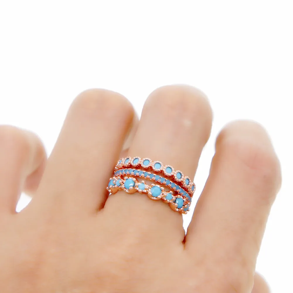 

2019 Fashion Rose Gold Color 3pc Stacking Ring Paved Blue Turquoises Full-Stone for Women Engagement Wedding Ring Boho Jewelry