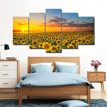 

Canvas Printed Poster Wall Art 5 Pieces Sunflower Sunset Paintings Golden Flower Field Pictures Living Room Decor Modular Frame