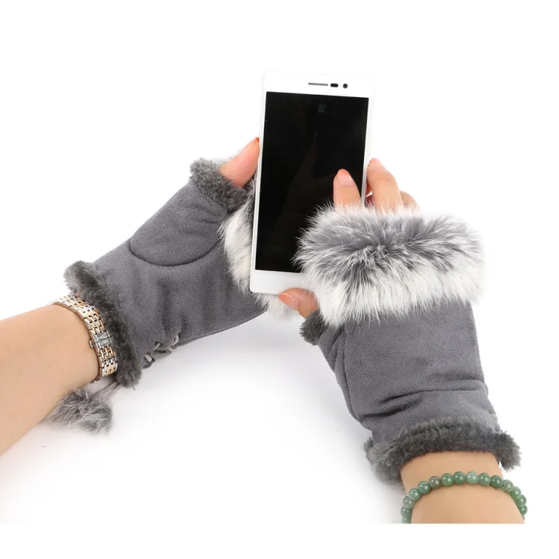 Женские зимние перчатки из искусственного меха кролика, Наручные Теплые перчатки без пальцев
