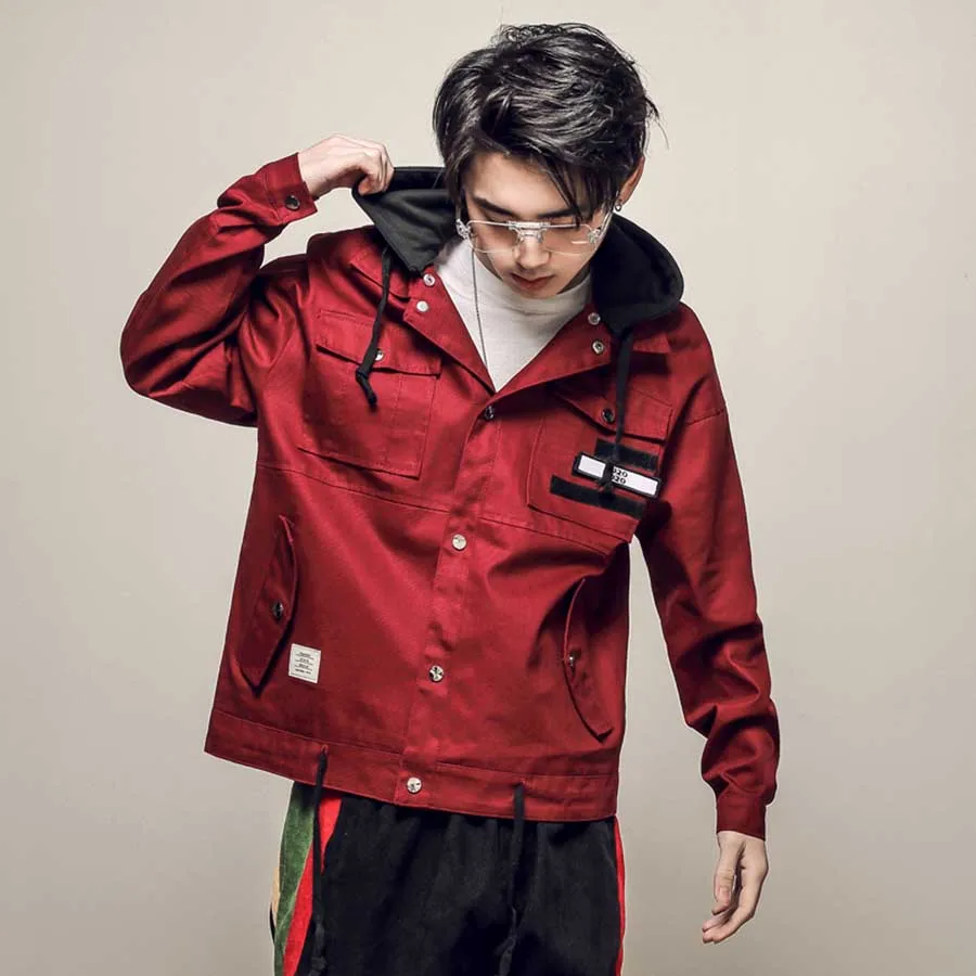

Hip Hop Men Jacket Casual Hooded Japanese Harajuku Streetwear Jacket Windbreaker Cargo Red High Street Coat Spring Drop Shipping