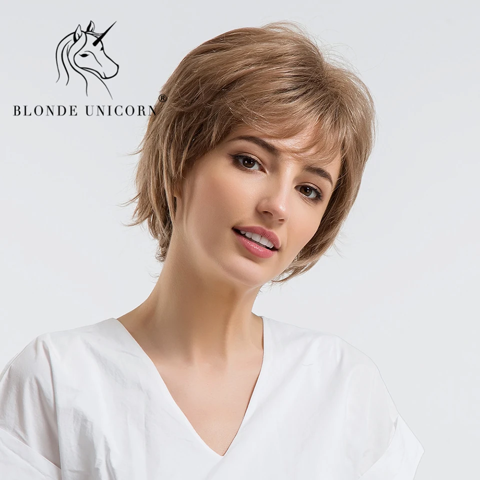 Блонд Единорог 10 дюймов пушистые короткие прямые волосы парик с челкой коричневый натуральный стиль 30% человеческие волосы Полный парик с бесплатным подарком