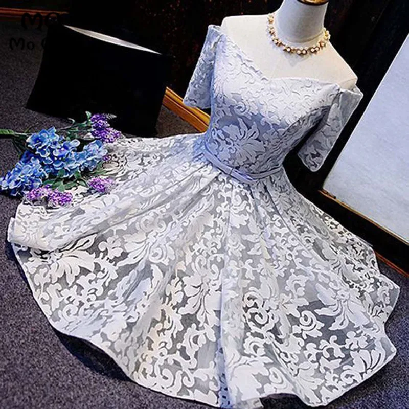 Lace Grey Off-the-Shoulder Half Sleeves Homecoming Dress with Sash, Short Prom Dressss