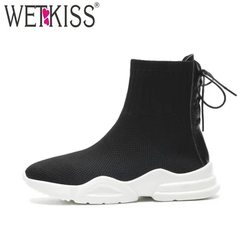 

WETKISS Knitting Women Sock Boot Round Toe Footwear Stretch Female Boot Cross Tied Casual Platform Autumn Shoes Woman 2018 White