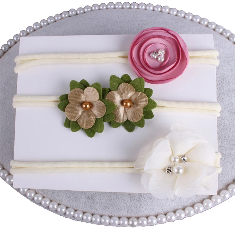 

3 Pcs/set Headband Nylon Flower Handmade With Pearl Bow Elastic Hair Band Hair Accessories for Girls Headwrap Boutique Headwear