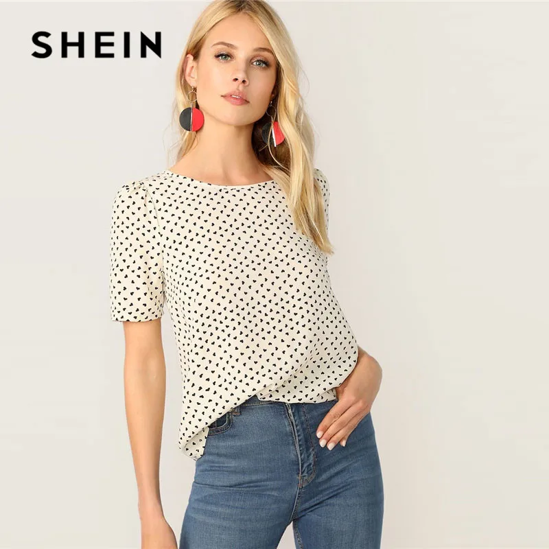 SHEIN белая блузка с бантом и принтом сердца, женские топы, летние повседневные женские топы и блузки с круглым вырезом, женские блузки