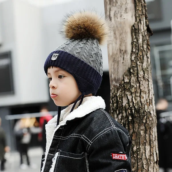 Детская зимняя теплая шапка для мальчиков, шерстяная вязаная шапочка для бассейна с помпоном, осенне-зимняя теплая вязаная шапка, B-9378 - Цвет: Темно-серый