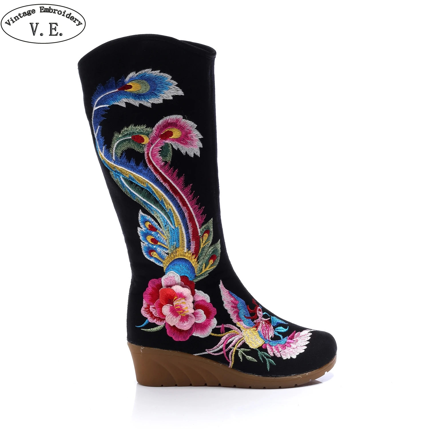 

Mixed Style Women Winter Boots Phoenix Embroidered Canvas Mid Boots Wedges High Heels Ladies Tall Black Booties Botas Mujer