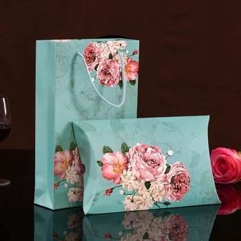 

100 set/lot Handkerchief Silk Scarf Packing Boxes Pillow Shape Paper Gift Box Portable Flower Package Bag with Handle