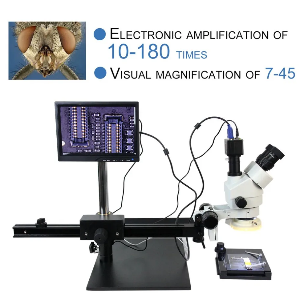 

High Definition Stereo Microscope Binocular Visual 7~45X With light Electronic Digital Zoom focus adjustable education research