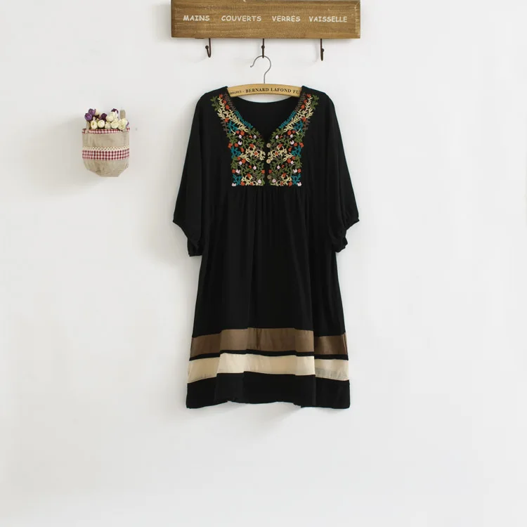 Винтаж 70s деревенском стиле вышитые Мексиканская Платье в богемном стиле с длинным Vestidos Женская хлопковая блуза 11 видов цветов L размера плюс футболки;