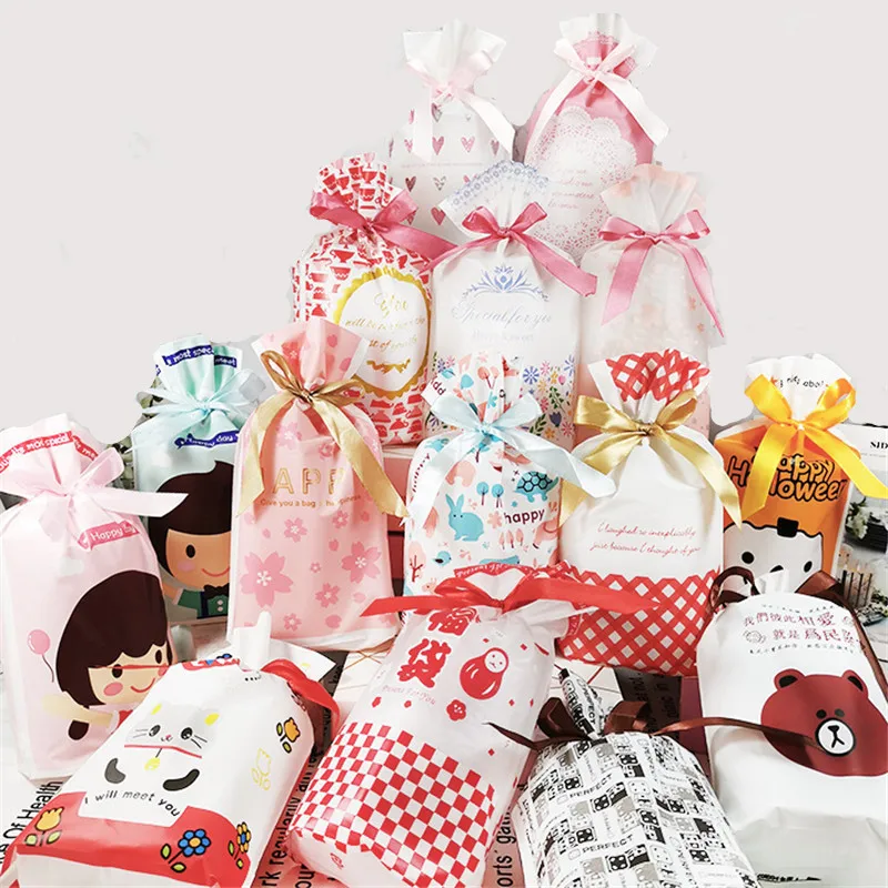 

50Pcs/lot 15x23cm Ribbon Drawstring Baked Biscuit Bundle Pocket Candy Bags Nougat Packaging Wedding Party Gift Decoration