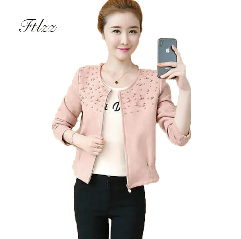 

New Spring Autumn Women Short Jacket Casacos Femininos Fashion Slim Long Sleeve Zipper Ladies Office Wear Basic Bead Outerwear