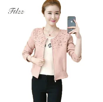 

New Spring Autumn Women Short Jacket Casacos Femininos Fashion Slim Long Sleeve Zipper Ladies Office Wear Basic Bead Outerwear