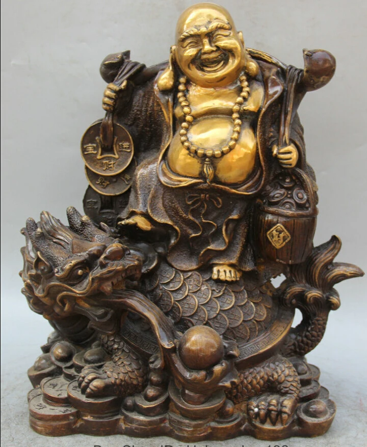 

15" China Bronze Gild Happy Laugh Maitreya Buddha Dragon Turtle Tortoise Statue