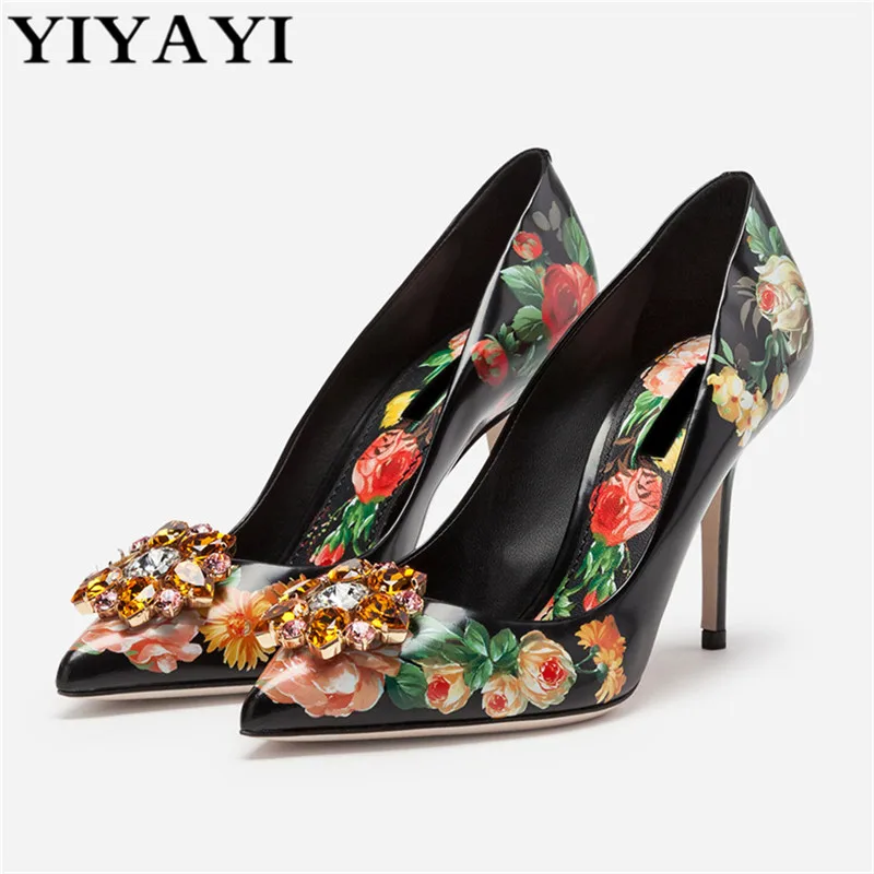 

Colorful Printing Crystal Pumps Thin High Heels Rhinestones Flowers Single Shoes Party Wedding Genuine Leather Pumps Women Shoes