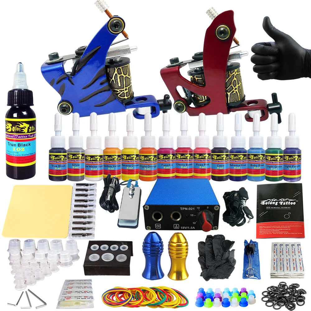 

Solong Tattoo Complete Tattoo Kits 2 Machine Gun Beginner Tattoo Set 14 Inks Needle Grips Foot Petal Power Supply TK203-4