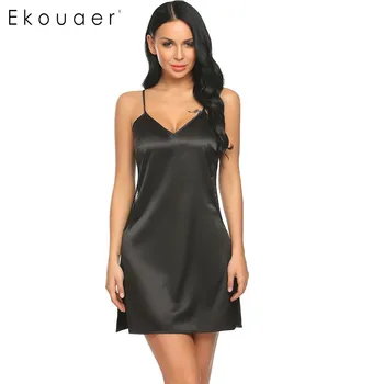 

Ekouaer Nightdress Women Sexy Sleepwear V-Neck Backless Lace Satin Nightgown Babydoll Chemise Slips Summer Female Nightwear