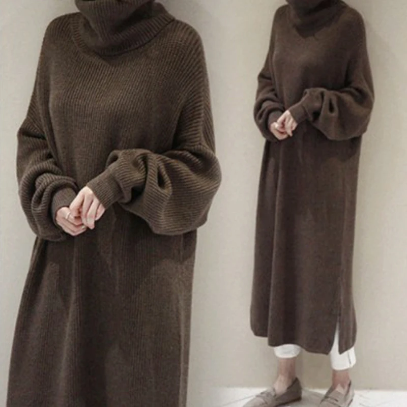 

Oversize Autumn Winter Knitted Dress Women Turtleneck Long Sleeve Warm Sweater Dress Casual Solid Loose Dress Robe Femme Vestido