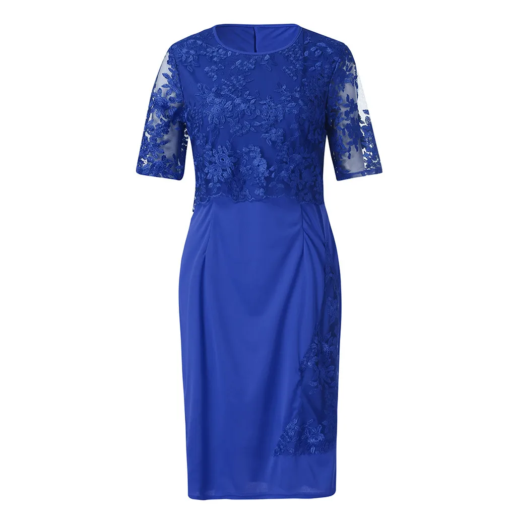 Платье размера плюс, женское кружевное платье средней длины с коротким рукавом для девушек, летнее вечернее платье - Цвет: Blue