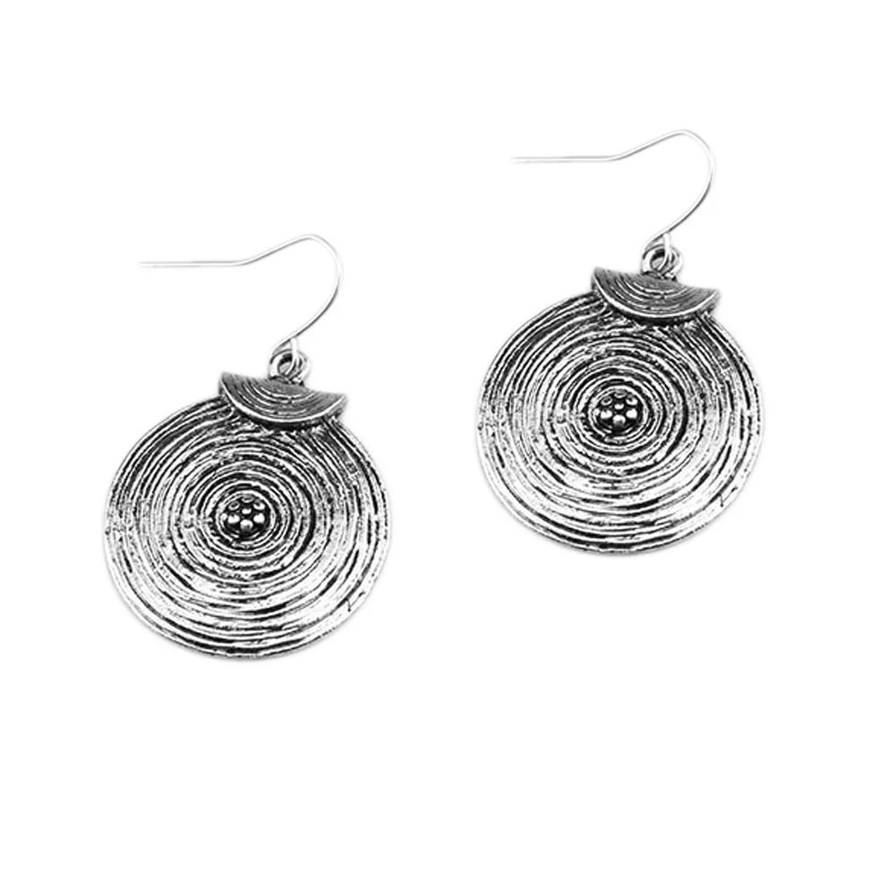 

2017 Vintage Silver Plated Bohemian Earrings Carved Round Corrugated Earrings Female Ethnic Long Hanging Earring