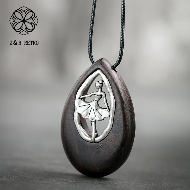 

Dancing Girl Pendant Necklace Women Sandalwood Sweater Accessories Wooden Fashion Jewelry Elegant Necklace Pendant Wholesale