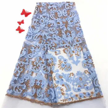 

3d French Lace Fabrics 2019 beads Sequins African Tulle Lace Fabric Embroidery Nigerian Lace Fabric sky blue High Quality Lace