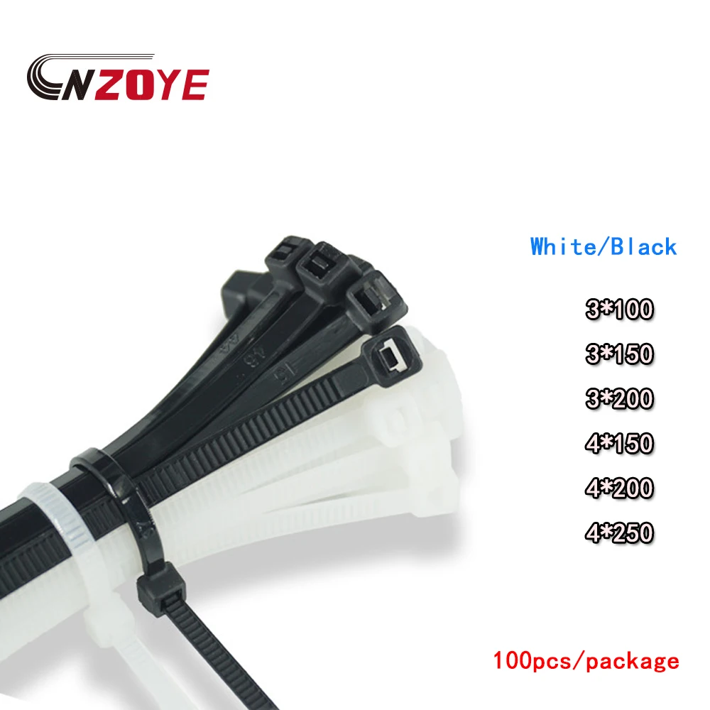 

Self-Locking Plastic Nylon Wire Cable Zip Ties 100pcs Black/White Cable Ties Fasten Loop Cable Various specifications