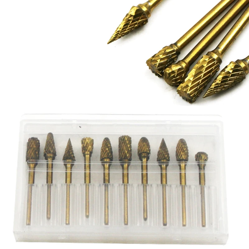 10pcs/Set 6*3mm Double Groove Files Rotary File Cutter Ti Coated Tungsten Carbide Burr Engraving Carving Tool for Wood Metal | Инструменты
